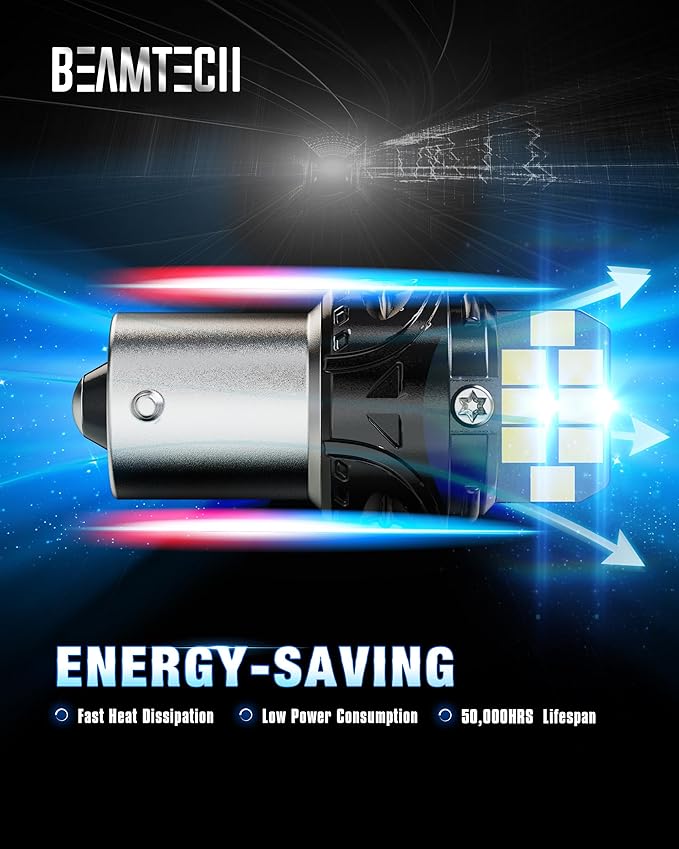 BEAMTECH 1156 LED Bulbs for Reverse Lights, 6500K Cool White Super Bright, 1141 1003 7506 BA15S for Back Up Lights, Tail Brake Parking Lights, Pack of 2