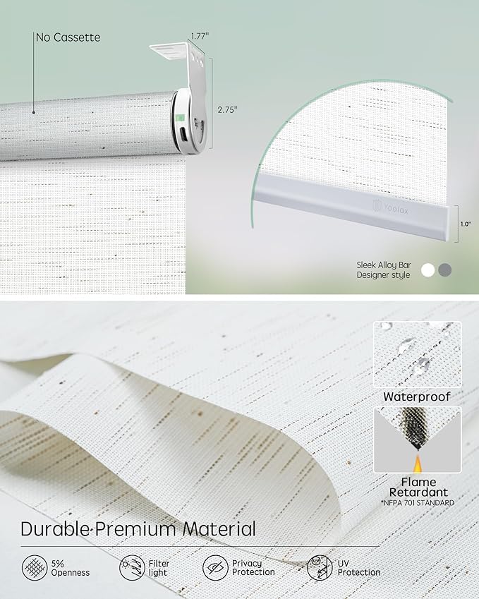 Yoolax Smart Coupled Solar Shades Compatible with Alexa, Motorized Blinds with Remote Flame Retardant Coupled Roller Shades for X-Large Windows, Custom Size (XL - 5% Openness Starry White)