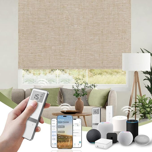 FineTell Motorized Blinds with Remote, 100% Blackout Roller Shades Compatible with Alexa,Apple Homekit,Google Home APP and Voice Control, Customized Electric Blinds (100% Blackout Linen Caramel)