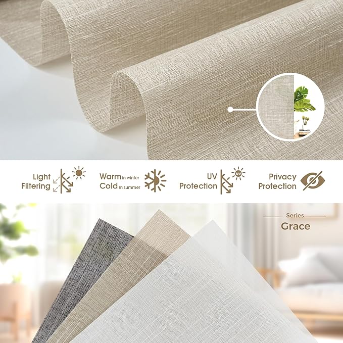 HeyBlinds Motorized Blinds with Remote, Smart Roller Shades with App & Voice Control, Work with Alexa Google HomeKit, Light Filtering Custom Window Shades for Living Room Office (Grace-Latte LF)