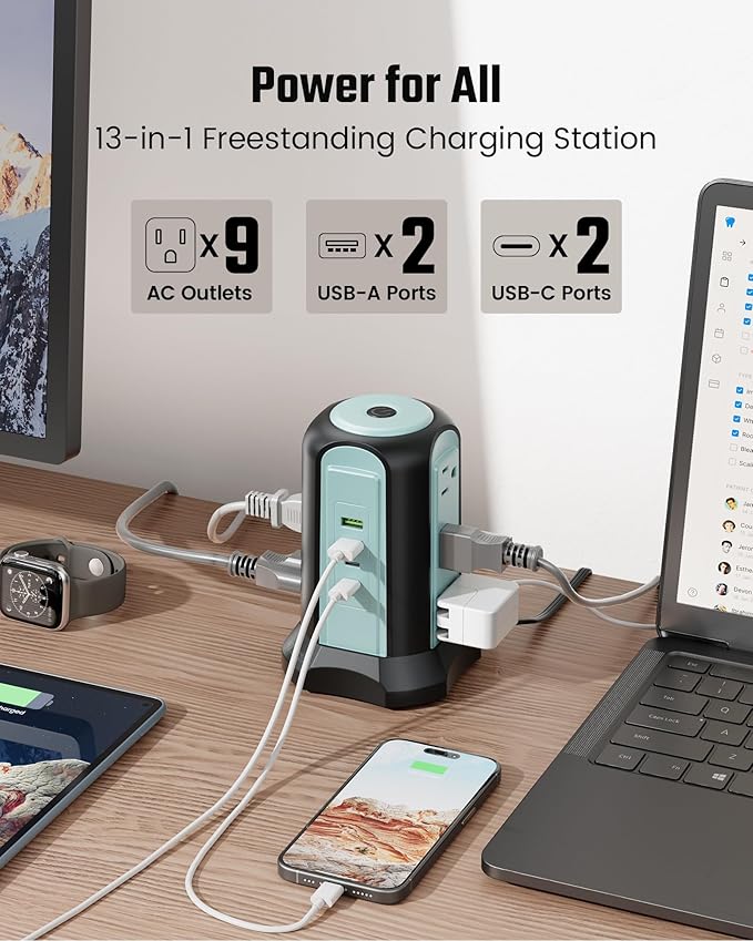 15Ft Long Extension Cord Power Strip Tower Surge Protector, Desktop Charging Station with Multiple Outlets, 9 Outlets, 4 USB (2 USB-C), 1080J Multiple Protections Outlet Extender for Home Office Blue