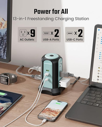 15Ft Long Extension Cord Power Strip Tower Surge Protector, Desktop Charging Station with Multiple Outlets, 9 Outlets, 4 USB (2 USB-C), 1080J Multiple Protections Outlet Extender for Home Office Blue