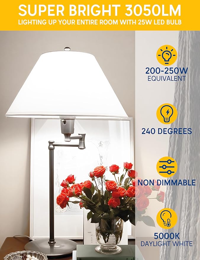 Super Bright LED Light Bulb, A21 25W High Output LED Bulbs 200-250 Watt Equivalent, 3050 Lumens, 5000K Daylight White E26 Porch Light Bulb, Perfect for Garage, No Flicker for Home Lighting, 4 Pack