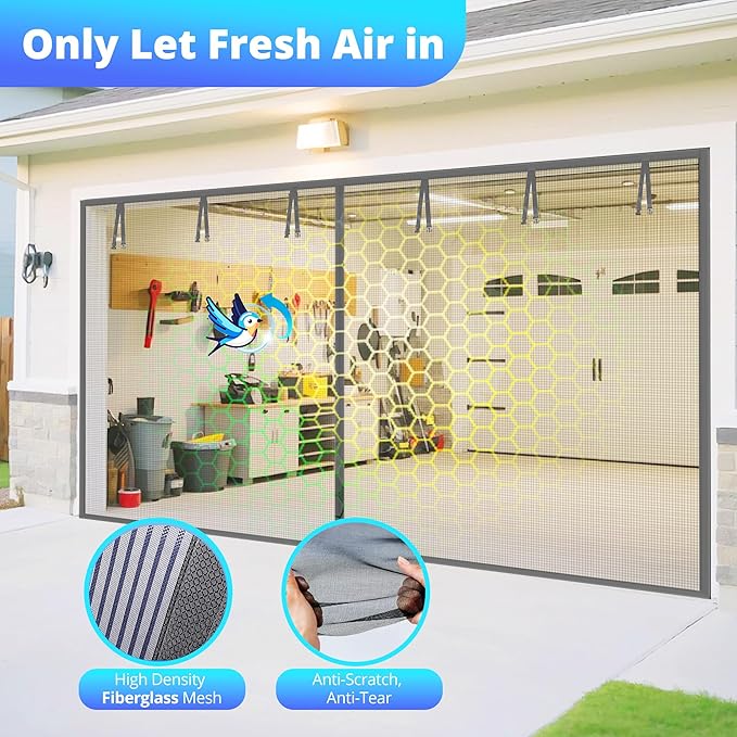 FEGO Grey Garage Door Screen for 1 Car 8x7FT, Magnetic Screen Doors with Retractable Fiberglass Mesh and Heavy Duty Weighted Bottom, Easy Assembly & Pass, Hands Free Screen Door for Entry Door