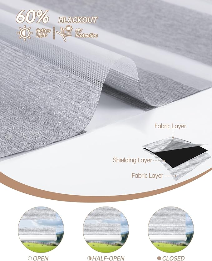Kincmo Motorized Blinds with Remote, Motorized Zebra Shades Work with Apple Homekit,Alexa,Google Home, Customized Electric Blinds with Remote,App,Voice Control (60% Blackout Monet Grey)