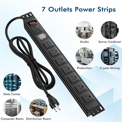 Metered PDU 19 Inch, 7 Outlets Rack Mount Power Strip PDU, SPD, 125V 15A 1U Rackmount Surge Protector Power Strip with OLED Screen Amp Voltage Power Display