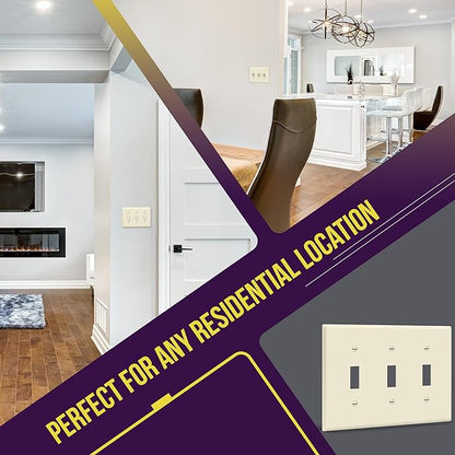 ENERLITES Triple Toggle Light Switch Wall Plate, Gloss Finish, Standard Size 3-Gang 4.50" x 6.38", Unbreakable Polycarbonate Thermoplastic, 8813-LA, Light Almond