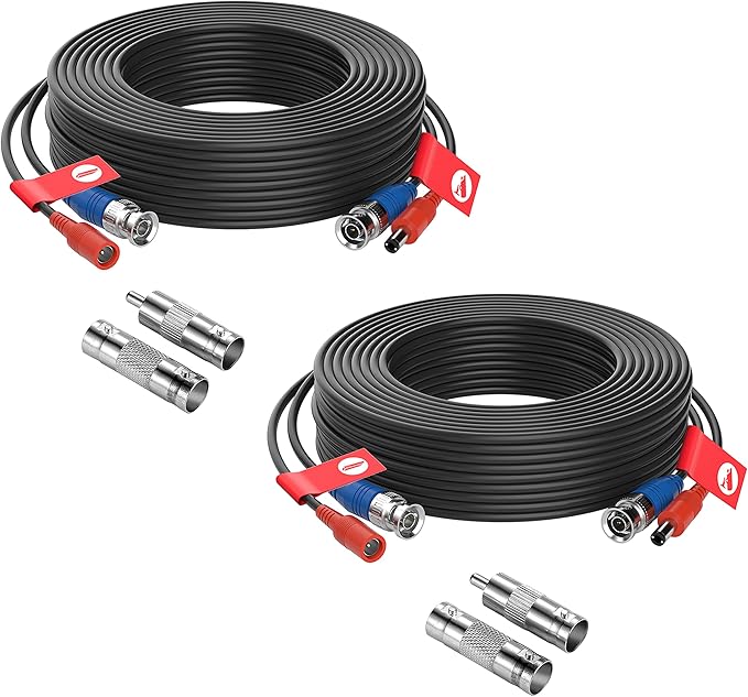 ZOSI 2 Pack 60ft (18 Meters) Security Camera Cable All-in-One BNC Video Power Cables,BNC Extension Wire Cord for CCTV Camera DVR Security System,White(Included 2X BNC Connectors and 2X RCA Adapters)