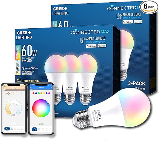 Cree Lighting Connected Max Smart Led Bulb A19 60W Tunable White + Color Changing, 2.4 Ghz, Compatible with Alexa and Google Home, No Hub Required, Bluetooth + WiFi, 6Pk