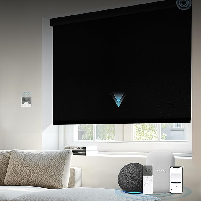 Motorized Blinds Compatible with Alexa Google 100% Blackout Smart Blind Automatic Window Roller Shades Remote Control Custom Size Double-Sided Fabric Black