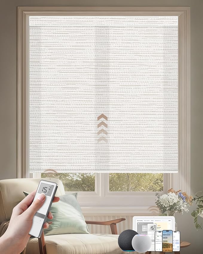 Kincmo Motorized Blinds with Remote, Light Filtering Roller Shades Work with Apple Homekit,Alexa,Google Home, Custom Electric Blinds with App,Voice Control (75% Blackout Aqua Waves Beige)