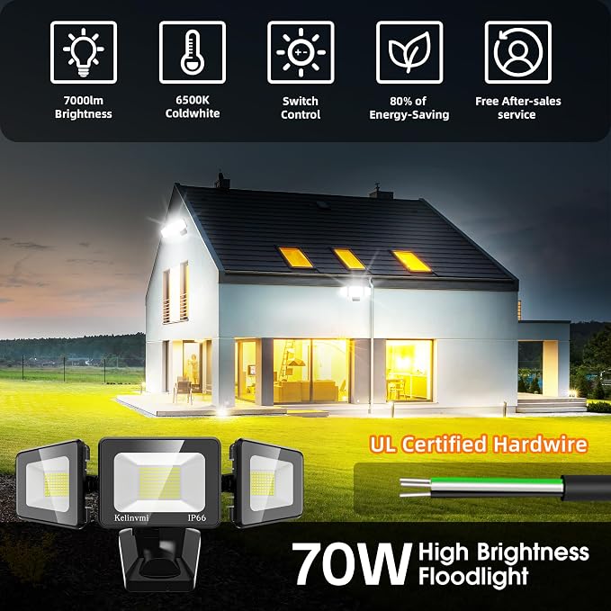 LED Flood Lights Outdoor 70W, 7000lm Floodlights, High Brightness Exterior Lighting Fixtures 6000K Cold White with IP66, Outdoor Lights for House, Yard, Garden,Playground