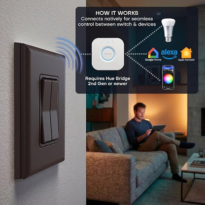 RunLessWire Click for Hue Battery-Free Wireless Smart Switch 2 Pack Brown | Dimmable Kinetic Switch Pairs Natively to Philips Hue Bridge, 4 Programmable Buttons to Control Scenes & Areas, 100ft Range