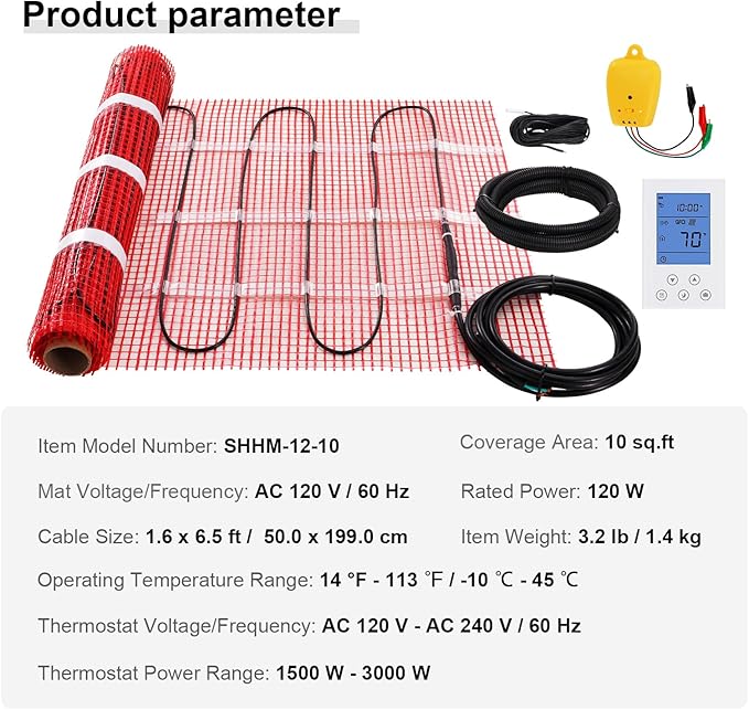 VEVOR Floor Heating Mat,10 Sq.ft. 14℉-113℉ Electric Radiant Floor Heated Warm System with Digital Floor Sensing Thermostat, 110-120V Includes Installation Monitor, Adhesive Back for Easy Installation