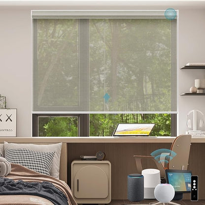 SmartWings Motorized Smart Blinds for Windows in Light Filtering, Electric Remote Roller Shades Compatible with Alexa/Google Home/Homekit, Custom Up to 110”W x 148”H, 5% Openness PVC Free Stone