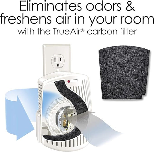 Hamilton Beach TrueAir Plug-Mount Odor Eliminator with Carbon Filter + Green Mountain Scent Cartridge, Common Household-Tobacco, Pet, Bathroom, Trash, On/Off Fan (04530GM) (Pack of 4)