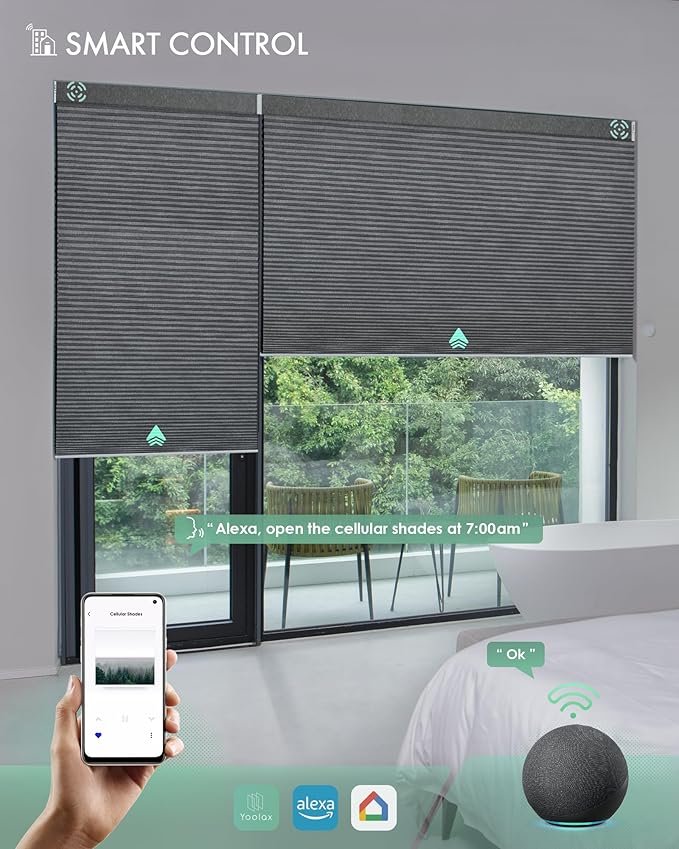 Yoolax Motorized Cellular Shades Compatible with Alexa, Blackout Motorized Blinds with Remote Smart Honeycomb Shades for Indoor Windows, Automatic Blinds Custom Size (Texture Dark Grey)
