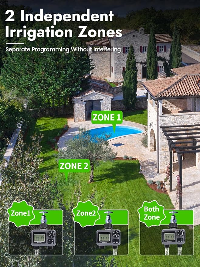 Insoma 2 Zone Water Timer, Programmable Irrigation Sprinkler Timer for Garden Hose, Outdoor Hose Faucet Timers with Rain Delay/Manual/Auto Modes, IPX5 Waterproof for Drip System & Lawn