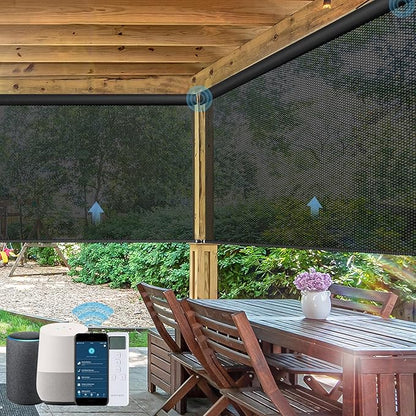 Motorized Outdoor Roller Shades,Patio Roll Up Blind Work with Alexa,Google Home,Apple Homekit,Remote Control Sun Shade,Waterproof &Windproof Smart Blinds for Porch,Sirus Black,1% openess
