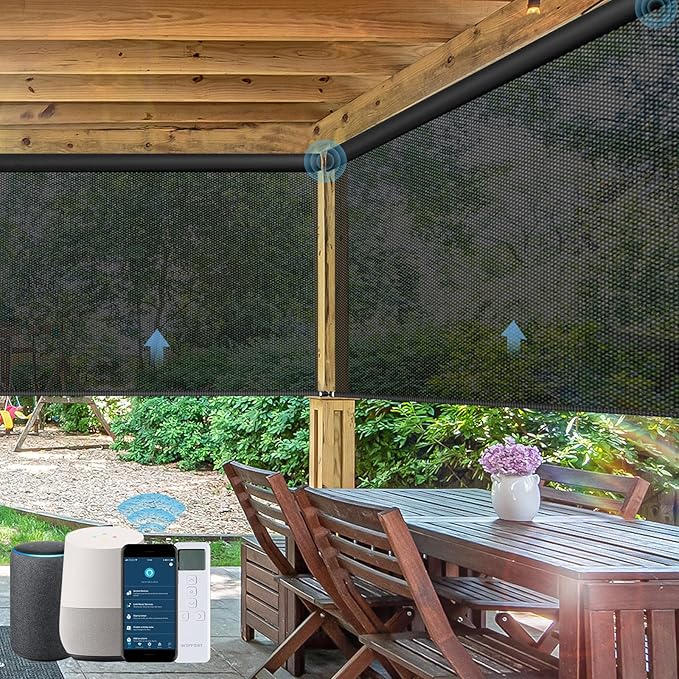 Motorized Outdoor Roller Shades,Patio Roll Up Blind Work with Alexa,Google Home,Apple Homekit,Remote Control Sun Shade,Waterproof &Windproof Smart Blinds for Porch,Sirus Black,3% openess