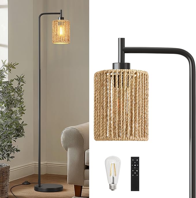 Oneach 66" Black Floor Lamp for Living Room, Boho Floor Lamp with Remote Control and LED Bulb, Rattan Shade, Industrial Tall Farmhouse Standing Lamp for Bedroom, Dining Room, Study Room, Office