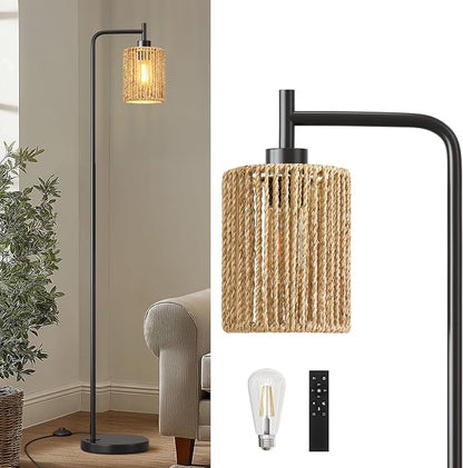 Oneach 66" Black Floor Lamp for Living Room, Boho Floor Lamp with Remote Control and LED Bulb, Rattan Shade, Industrial Tall Farmhouse Standing Lamp for Bedroom, Dining Room, Study Room, Office