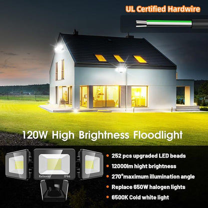 120W LED Flood Lights Outdoor, High Brightness 12000lm LED Security Light, IP66 Waterproof Outside Floodlight 6500K Coldwhite, Exterior Lighting Fixtures for House, Yard, Garden,Playground