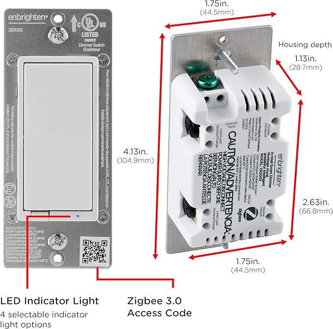 Enbrighten 43080 Zigbee in-Wall Smart Paddle Dimmer with QuickFit and SimpleWire, White/Almond
