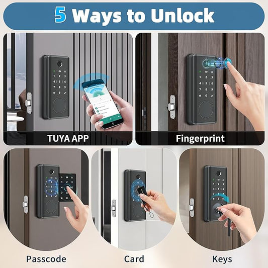 Smart Door Lock with Fingerprint & Keyless Entry, Tuya Smart Devices Compatible, Bluetooth Touchscreen Keypad, for Home Security & Smart House Automation, Easy Installation for Wood Doors