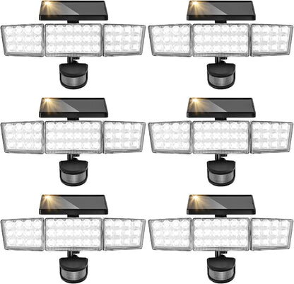Solar Lights Outdoor, 3500LM 168 LED Motion Sensor Solar Flood Lights, 3 Heads 300° Wide Angle, 3 Modes IP65 Waterproof Solar Security Lights for Yard Garden Patio, 6 Pack (Black)
