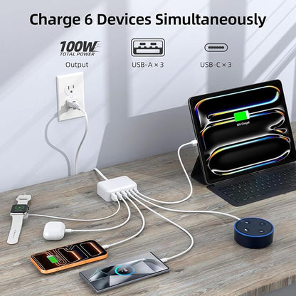 100W 6 in 1 USB Charger, 50% Smaller Charging Station for Multiple Devices | Fast Charging Blocks with Type C Port, USB Charging Hub Organizer Multiport Power Strip for iPhone,Samsung,Ipad,Kindle,Travel