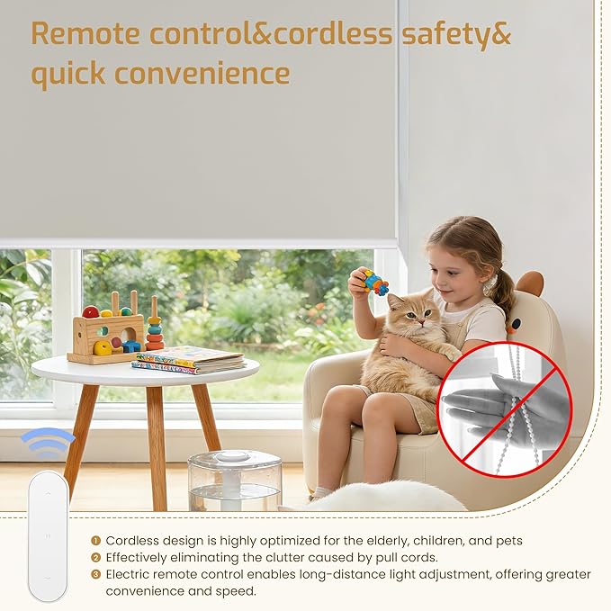 Grandekor Motorized Blinds with Remote Control, Blackout Roller Shade Electric Shades Cordless Smart Blinds for Bedroom Living Room Office,Beige,W34xH72