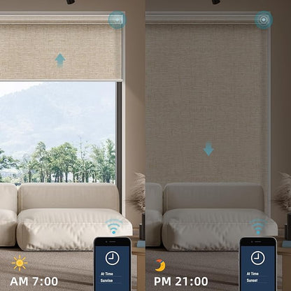 SmartWings Motorized Smart Blinds for Windows in Light Filtering, Electric Remote Roller Shades Compatible with Alexa/Google Home/Homekit, Custom Up to 110”W x 148”H, Linen Translucent Caramel