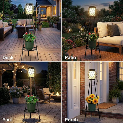 MXwcy 2-in-1 Solar Lights Outdoor with Plant Stand, Waterproof Vintage Solar Floor Lamp & Metal Planter Holder, Tall Geometric Lantern Tripod for Patio, Garden, Yard, Porch Decor (2 Pack)