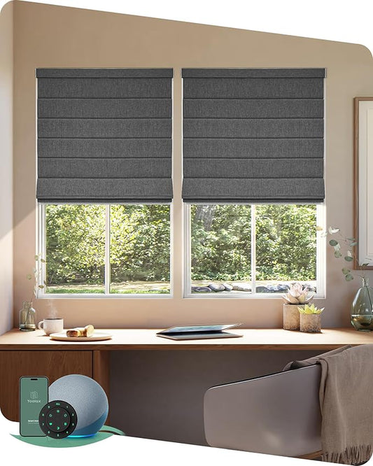 Yoolax Motorized Roman Shades with Remote, Smart Roman Shades for Windows, Blackout Automatic Blinds Work with Alexa, Google Home, Apple Homekit for Living Room Bedroom, Customized (Dark Grey)