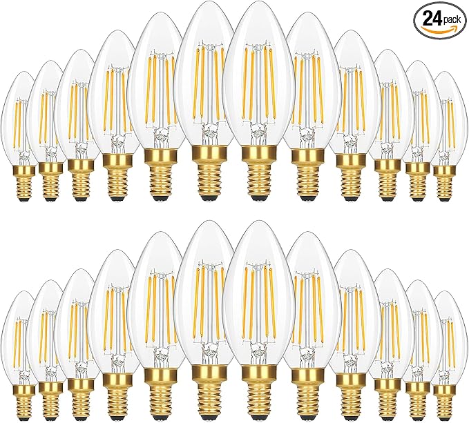 GoBright 24-Pack Dimmable E12 Candelabra Light Bulbs 60 Watt Equivalent, 2700K Soft Warm White 6W LED Chandelier Light Bulb, Super Bright 630LM LED Filament Clear Glass Candle Light Bulbs, No Flicker