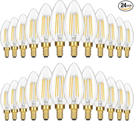 GoBright 24-Pack Dimmable E12 Candelabra Light Bulbs 60 Watt Equivalent, 2700K Soft Warm White 6W LED Chandelier Light Bulb, Super Bright 630LM LED Filament Clear Glass Candle Light Bulbs, No Flicker