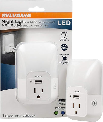 LEDVANCE Sylvania LED Night Light with USB Port and Socket, 3-Color Select, Frosted, 3000K, 5 Lumens, Cool White - 1 Pack (64991)
