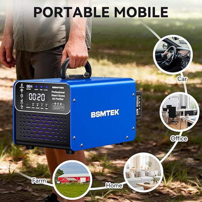 Cordless Ozone Generator with 2X 5000mAh Battery & Quick Charger, 24V Professional Grade Ozone Machine, Deodorizer, With Remote Control, Suitable for Large Room，Blue