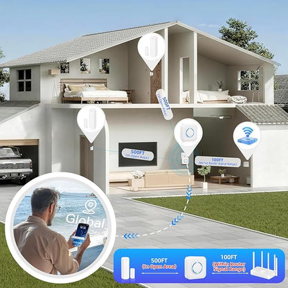 PHYSEN WiFi Door Sensor, Smart Window Alarm with App Alert, 500ft Range, 32 Chimes, Free-App-Notification
