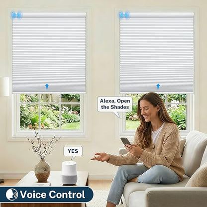 Motorized No Drill Cordless Cellular Shades, 1.5" Smart Electric Honeycomb Blind with Remote Control, Automatic No Drill Cellular Shades for Home and Office Indoor Window, Light Filtering White