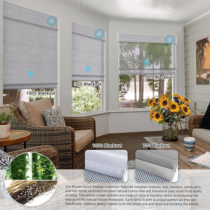 SmartWings Motorized Wood Blinds for Windows, Smart Wooven Shades Blackout/Light fitlering with Remote for Sliding Doors, Work with Matter Homekit Zigbee Alexa Z-Wave Google, Customized, Bamboo 723