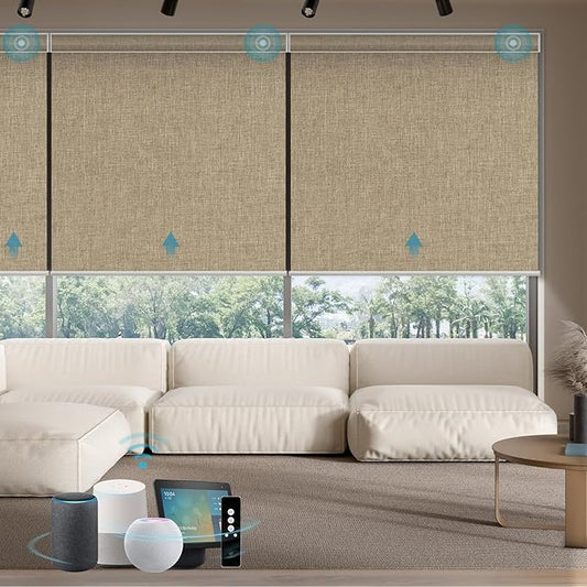 SmartWings Motorized Smart Blinds with Remote, Custom Automatic 100% Blackout Roller Shade Compatible with Alexa/Homekit/Google, Electric Smart Blinds for Indoor Windows, Bouvardia Light Brown