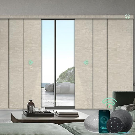 Yoolax Custom XL Smart Vertical Blinds, Motorized Sliding Door Blinds Compatible with Alexa, Fabric Blackout Rechargeable Battery Sliding Panel for Indoor Windows, Patio Doors(Jacquard Coffee)