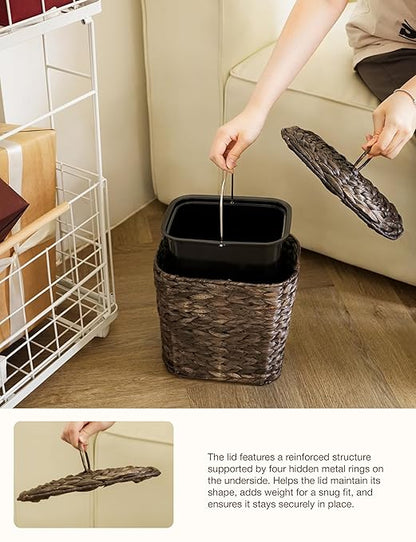 Tidita Wicker Waste Basket - Wicker Trash Can with Lid - Water Hyacinth Bathroom Garbage Can with a Lid - Bathroom Trash Can Boho Style - Removable Liner, Iron Frame (Black, 1.5 Gallons)