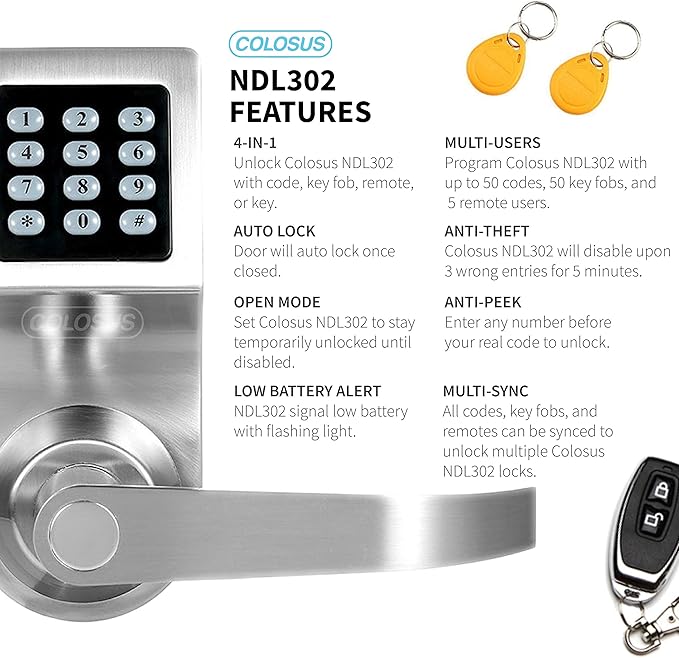 Electronic Smart Door Lock, Keyless Entry with Keypad, Key Fobs, Remote Control, Keys for Home, Office or Commercial, Silver NDL302