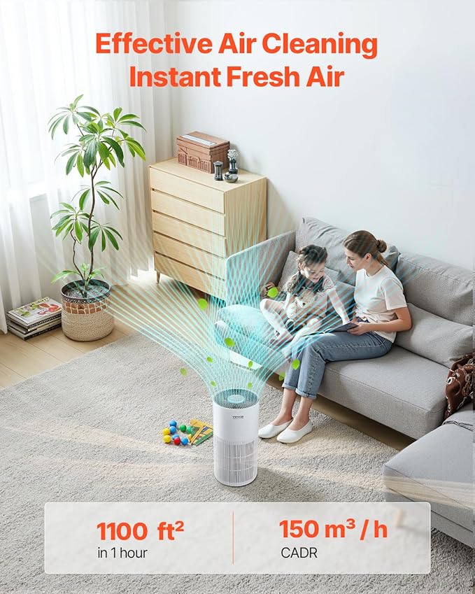 VEVOR Air Purifier for Home Bedroom, H11 HEPA Layer Filter 1100 ft²/h Smart Air Purifier with Speed Control & Child Lock Guard, 25 dB Sleep Mode Air Cleaner with Convenient Touch Panel