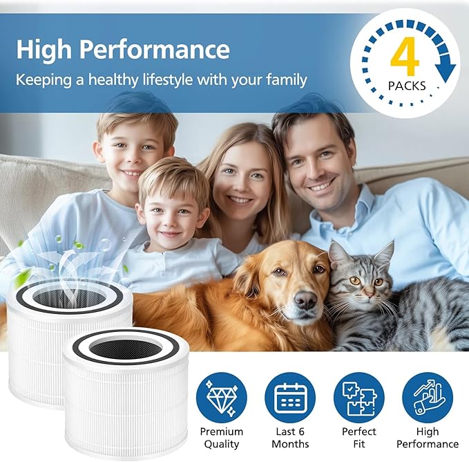 4 Pack 240 Replacement Filter Compatible with Puro 240 Air Purifier, 3-in-1 Main Filter Replacement with Activated Carbon Filter