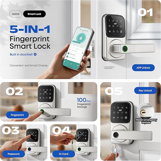 Smart Door Lock with Handle, Heittis Fingerprint Smart Lock with Touchscreen Keypad - Keyless Biometric Deadbolt Door Knob for Front Door, Bedroom, Interior or Exterior Use (Nickel, App Control)