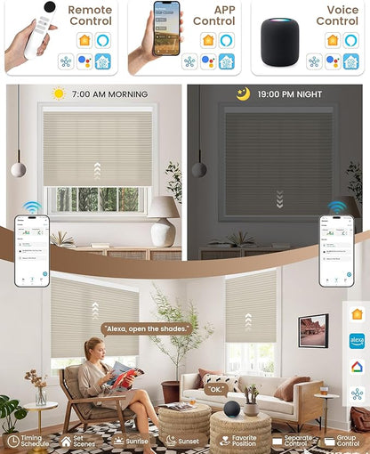 Kincmo Motorized Cellular Shades, Custom Motorized Blinds with Remote, Cordless Smart Electric Honeycomb Blinds Work with Apple HomeKit, Alexa, Google (75%-Blackout-Single-Cell Beige)